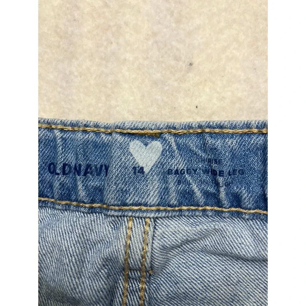 Old Navy Baggy Wide Leg Jeans Kids 14 Blue Heart Print High Rise Denim